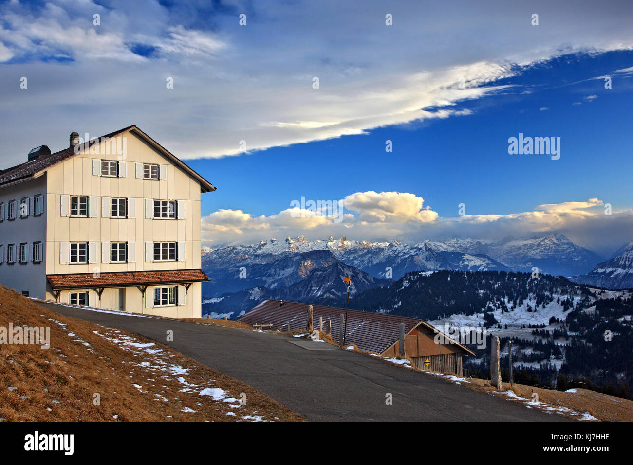 View to the Swiss Alps from the top of Mount Rigi, Switzerland Stock Photo