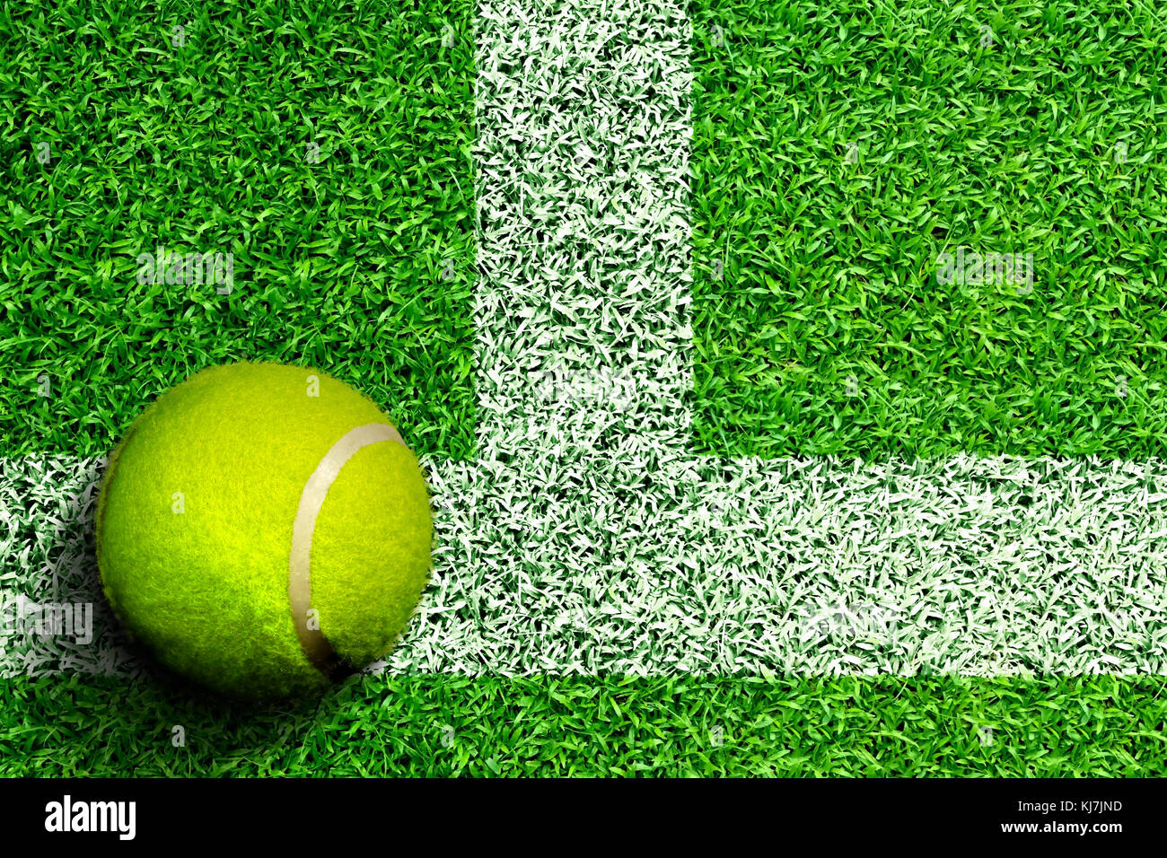 High angle view of tennis ball on grass court with white line marking and  copy space. Line represents tennis court boundary sidelines, service line,  o Stock Photo - Alamy
