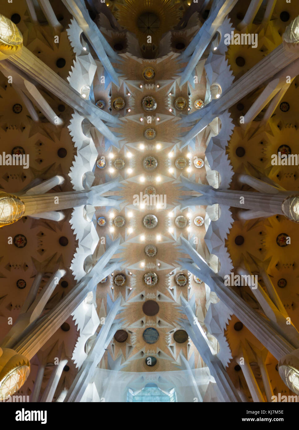 Barcelona, Spain - 11 Nov 2016: Spectacular ceiling inside Barcelona's Sagrada Familia cathedral. Stock Photo