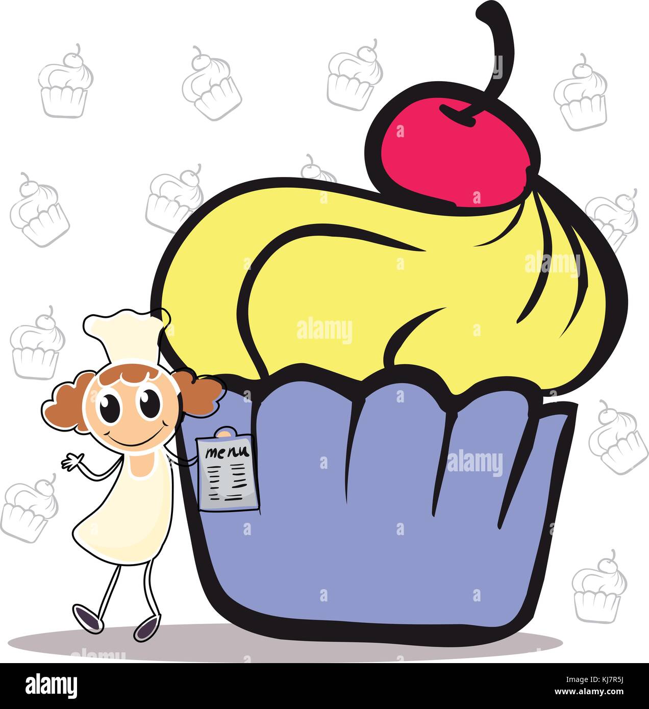 Illustration of a chef holding a menu beside a giant cupcake on a white background Stock Vector