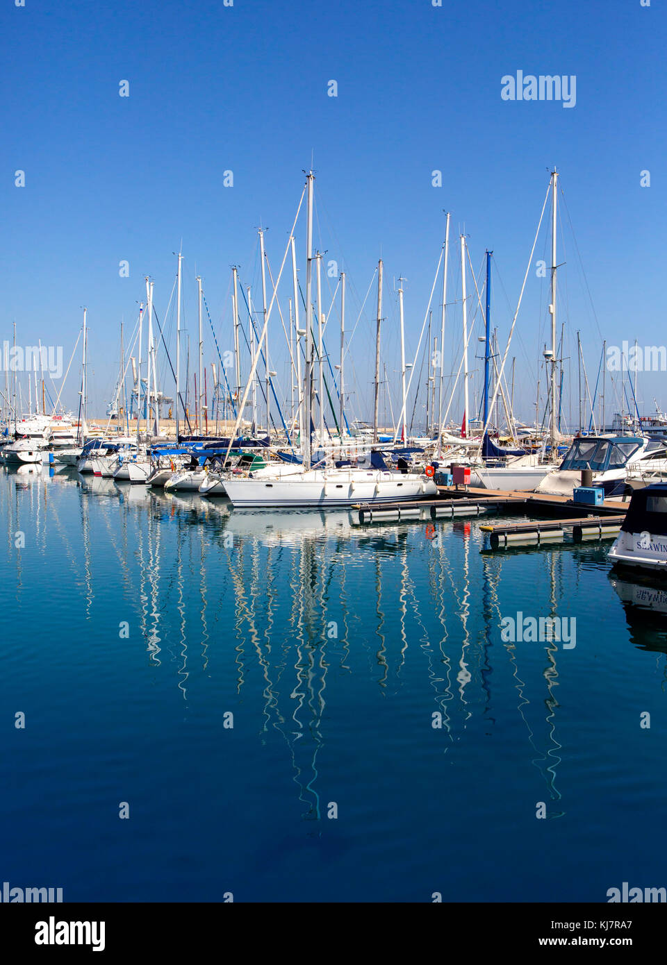 Boats in a harbor, Larnaca, Cyprus Stock Photo