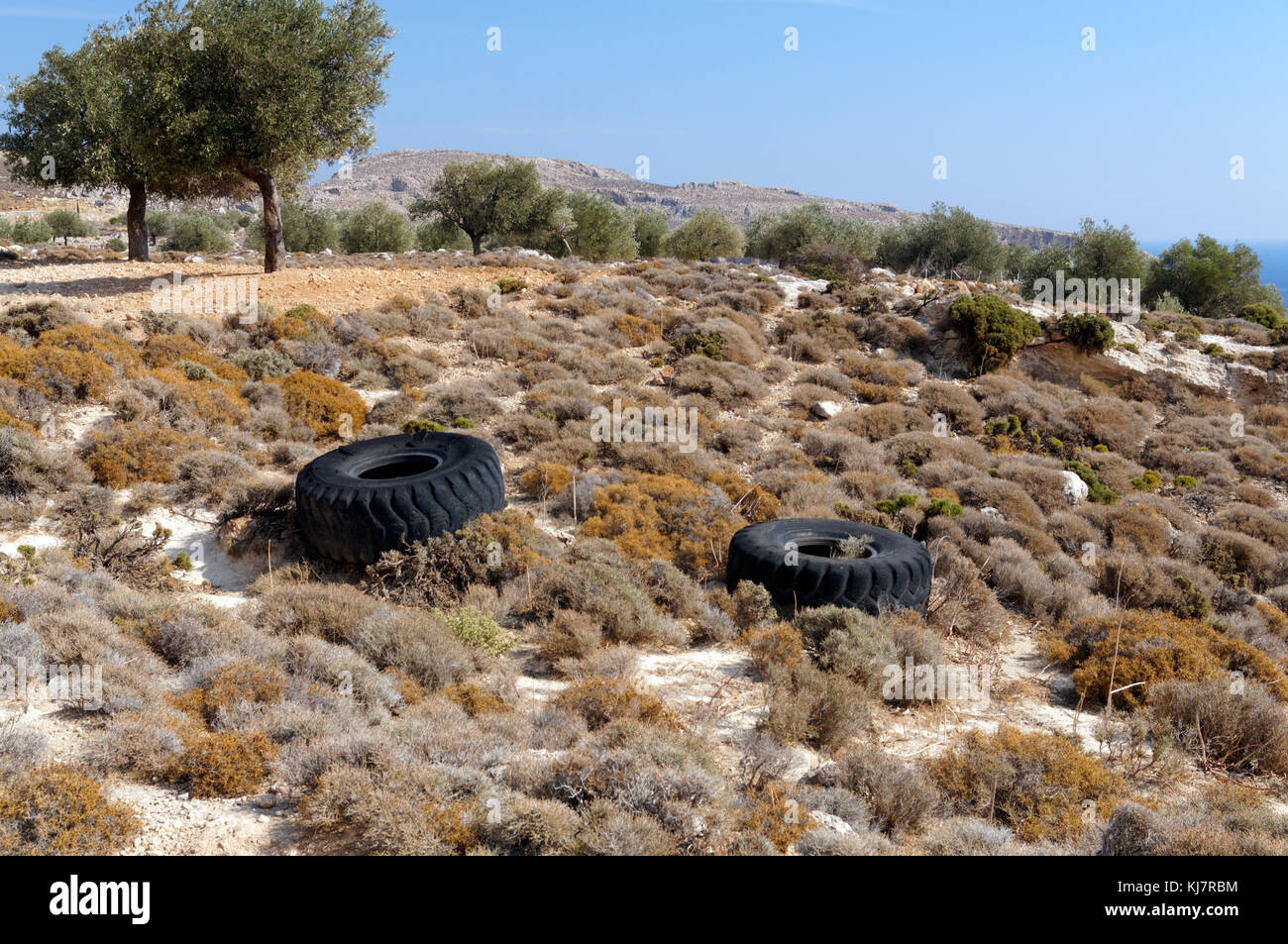 Abandoned Heavy Plant tyres, Archangelos, Rhodes, Greece. Stock Photo