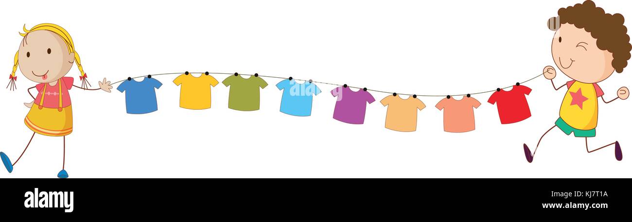 Illustration of the kids holding the tips of the wire for the hanging clothes on a white background Stock Vector