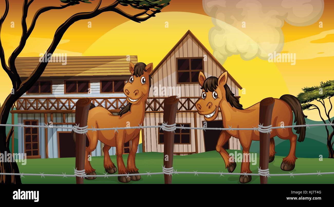 Illustration of a farm with two horses Stock Vector Image & Art Alamy
