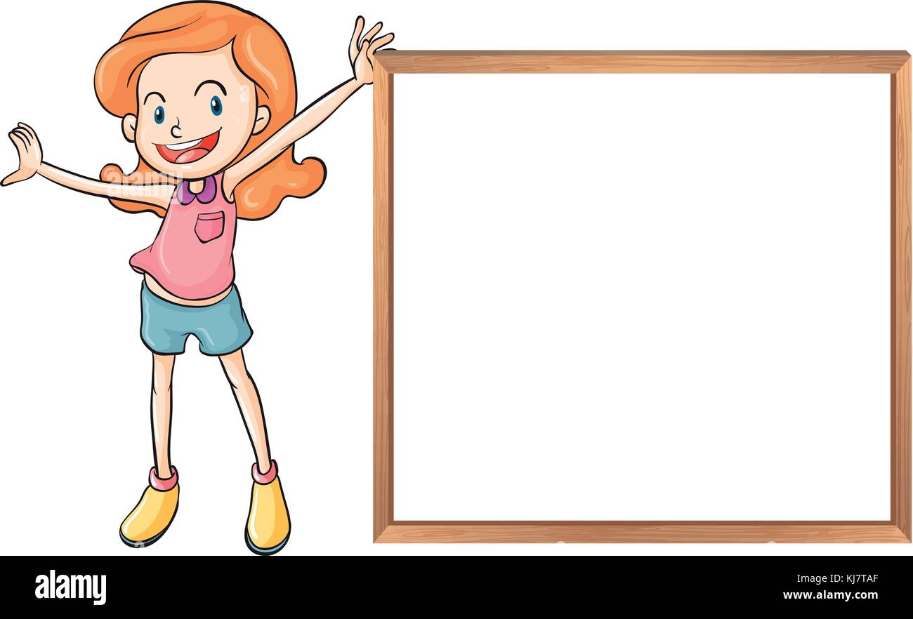 Illustration of a girl holding an empty wooden blank board on a white ...