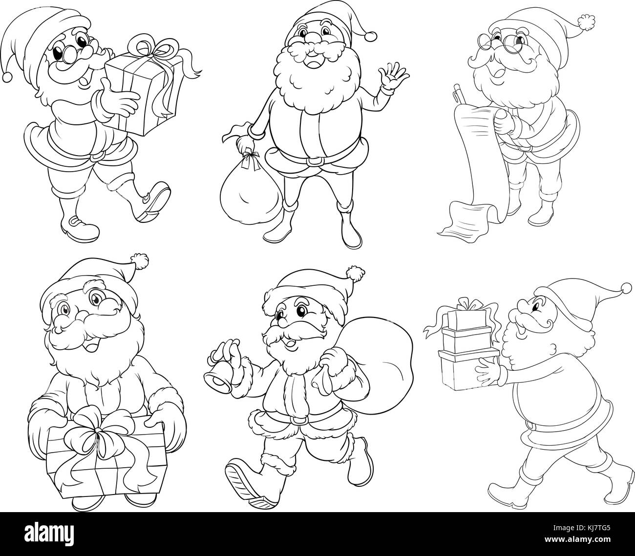 Illustration of the different drawings of Santa Claus giving gifts on a white background Stock Vector