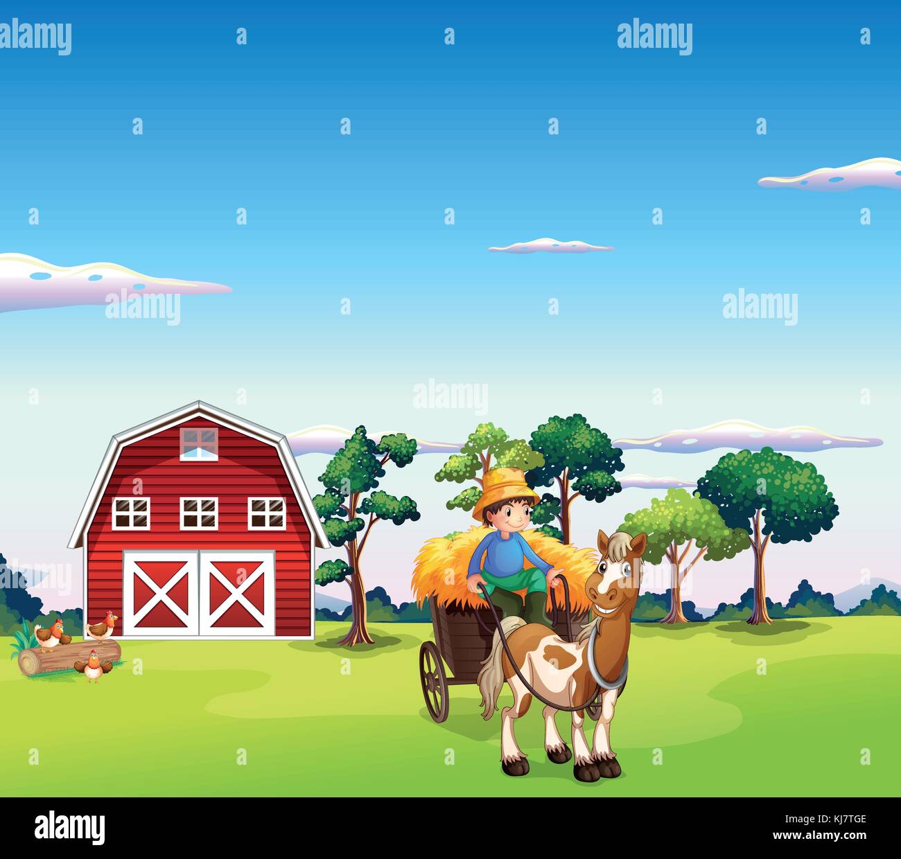 Illustration of a boy riding on a carriage with a barn at the back ...