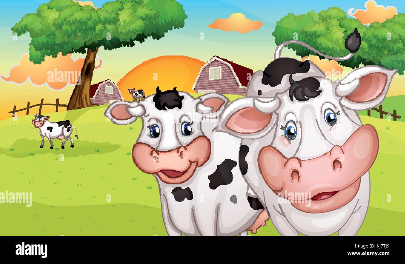 Illustration of a farm with many cows Stock Vector Image & Art - Alamy
