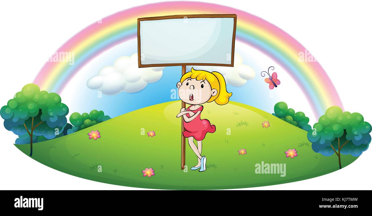 Illustration of a girl standing under an empty signboard on a white ...