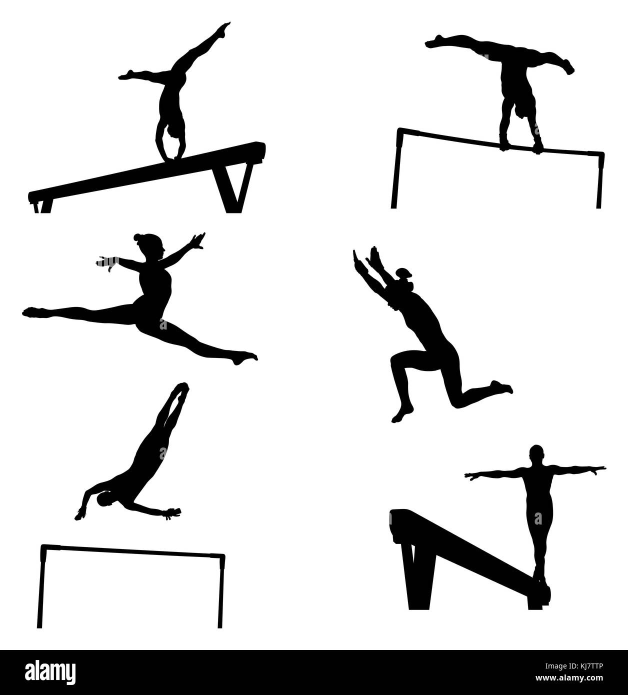 set female athletes gymnasts in artistic gymnastics silhouette Stock