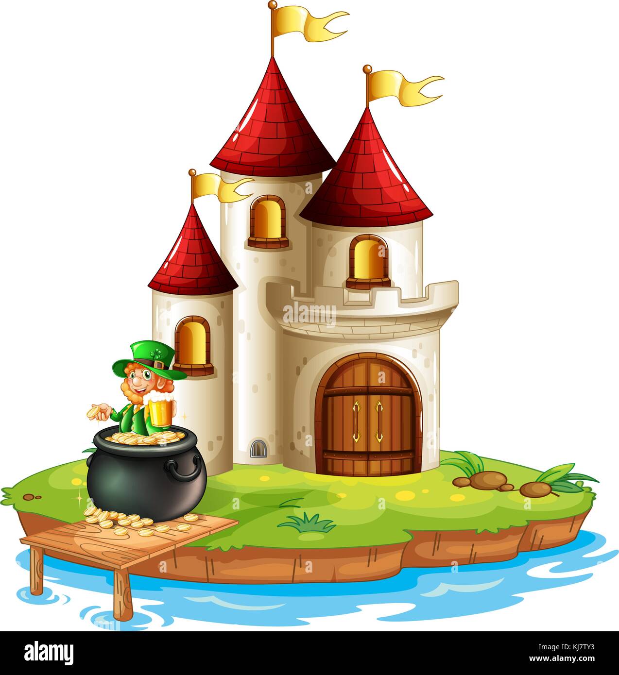 Illustration Of A Man Inside A Pot Of Gold In Front Of The Castle