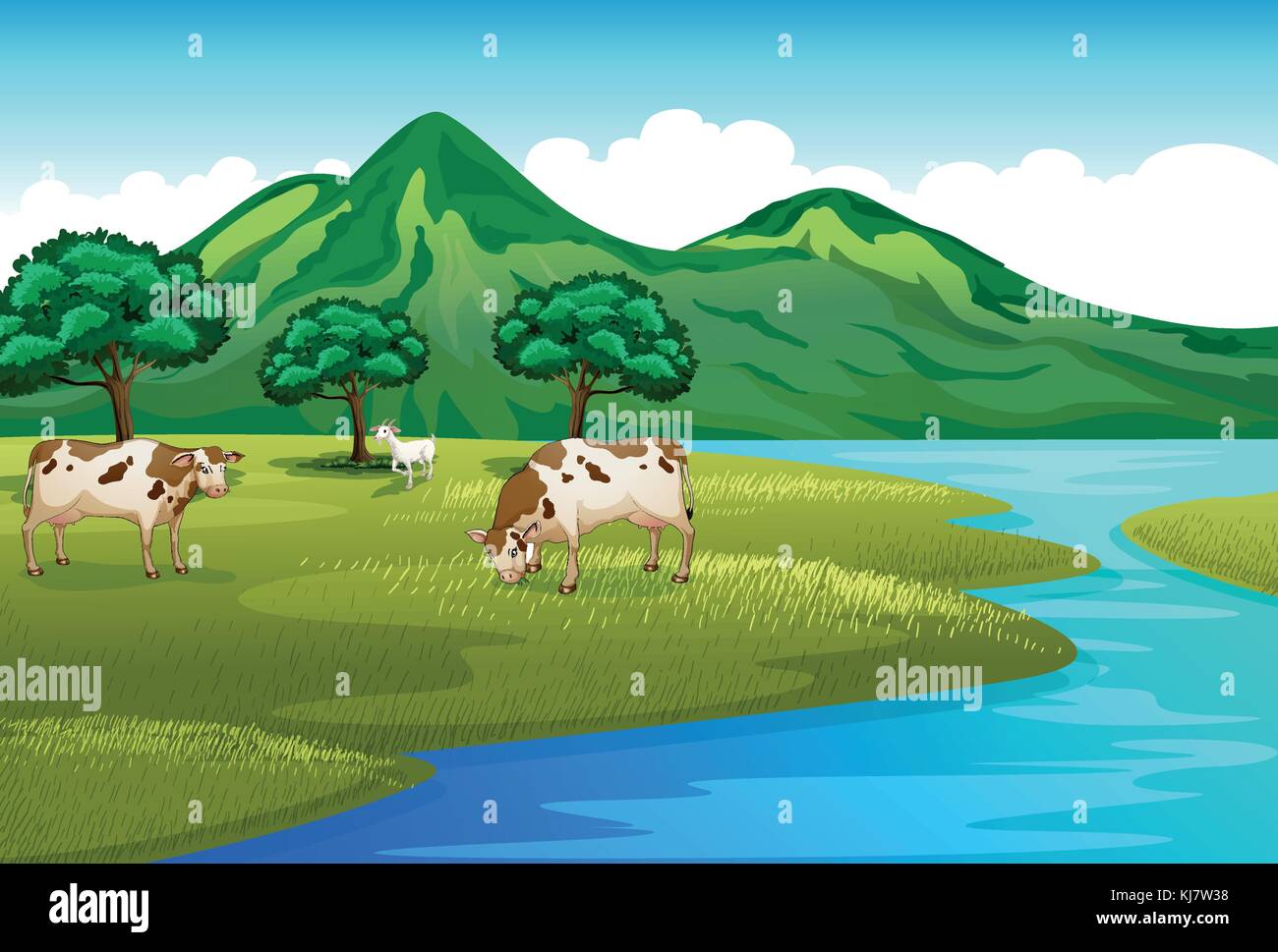Illustration of the cows and goat at the riverbank Stock Vector Image ...