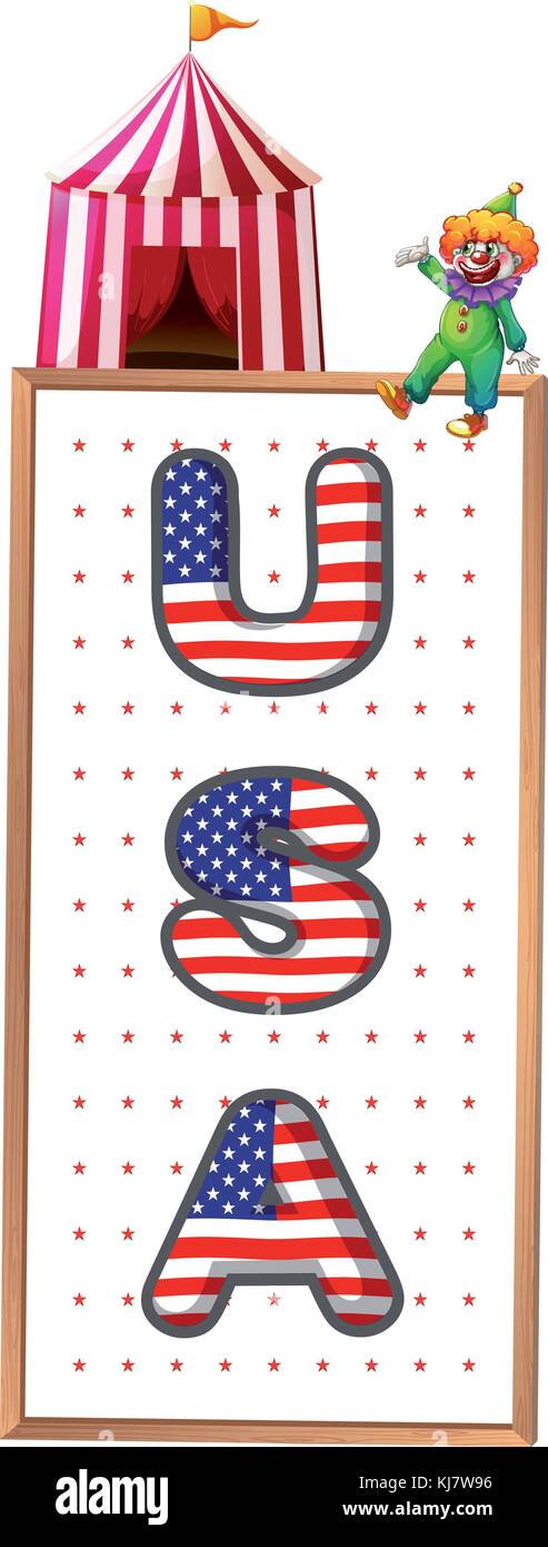 Illustration of a USA signage with a clown and a circus tent on a white ...