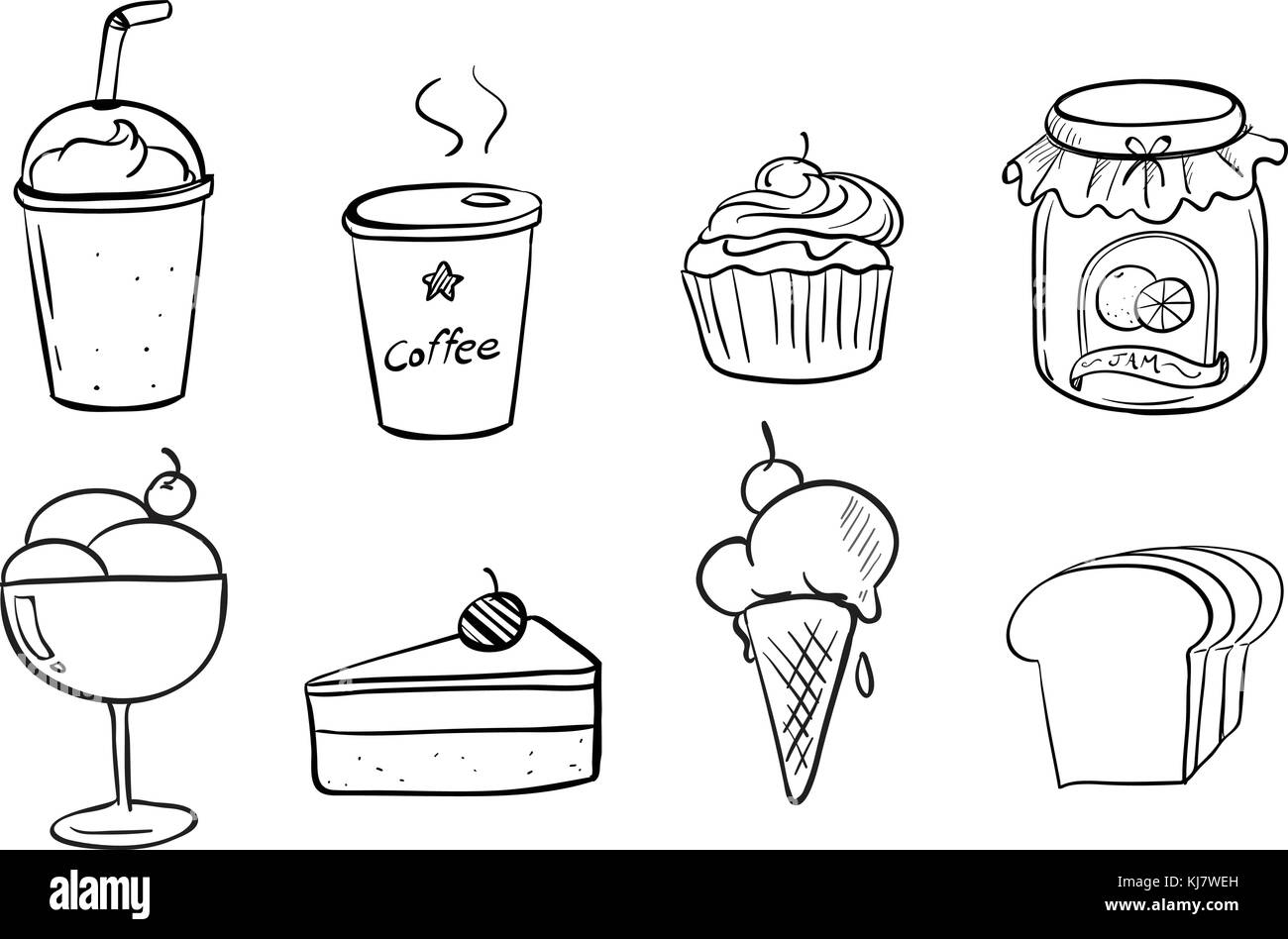 Illustration of the different foods with drinks on a white background Stock Vector