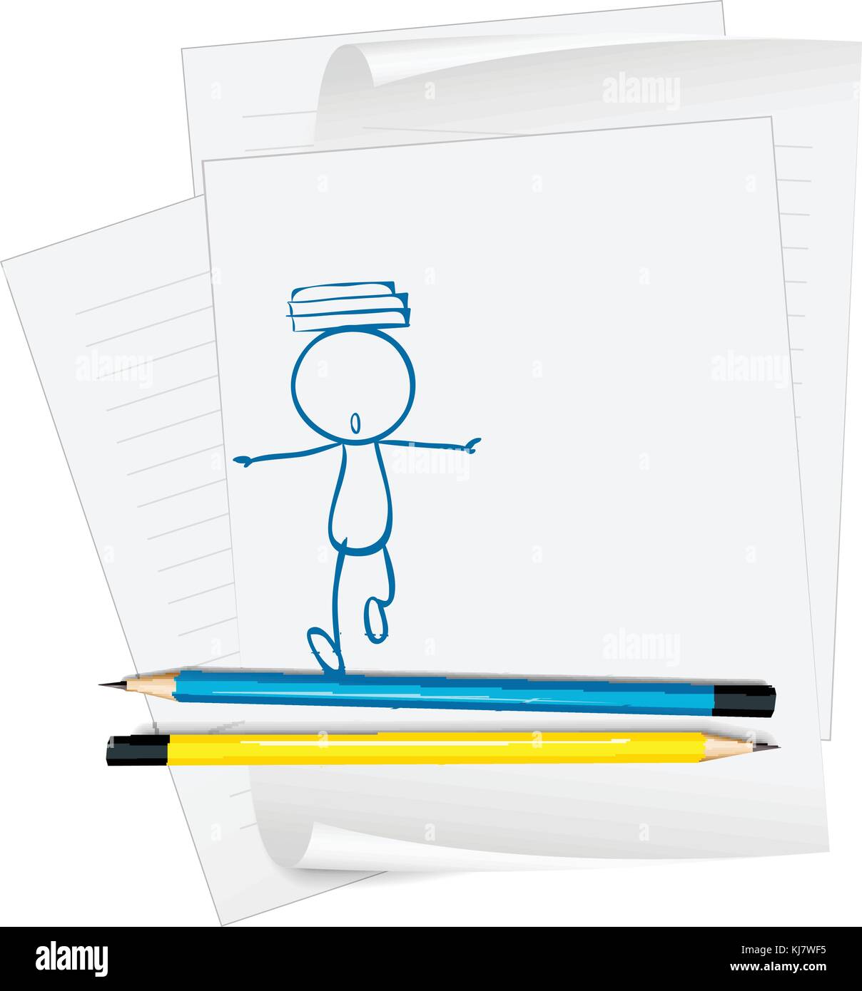 Illustration of a paper with a sketch of a boy with books above his