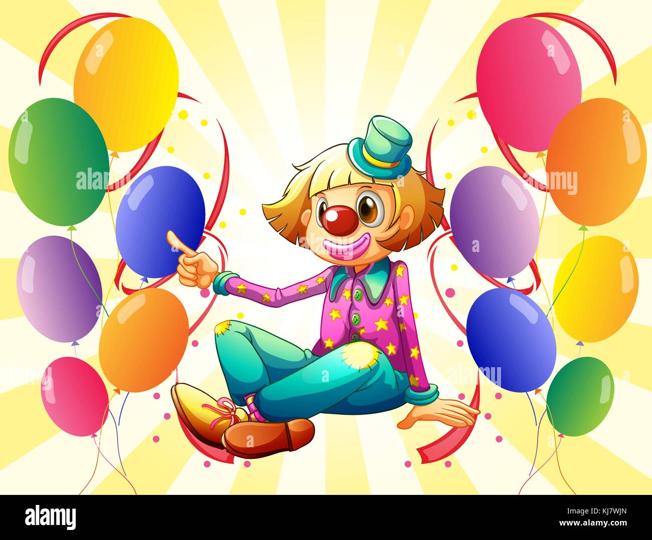 Illustration of a female clown sitting surrounded with colorful ...