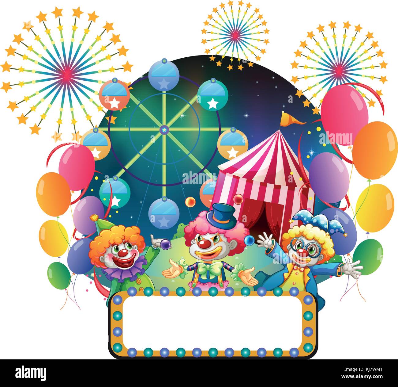 Illustration of the three clowns in front of a carnival with an empty ...