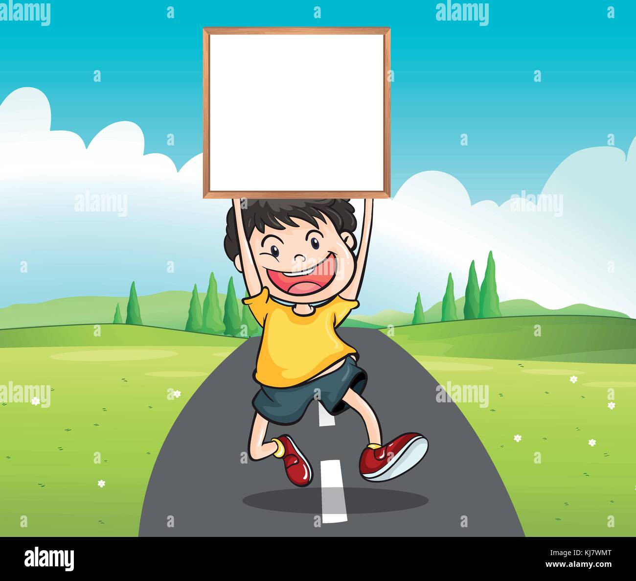 Illustration of a boy at the road holding an empty signage Stock Vector ...