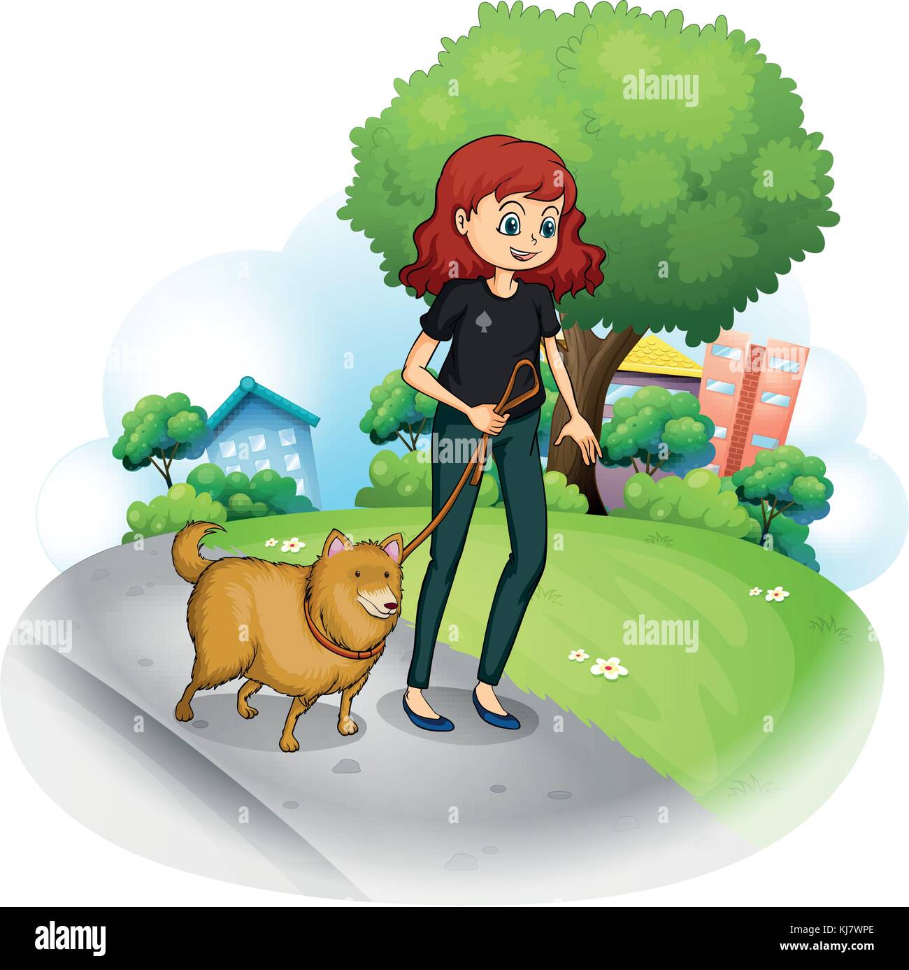 Illustration of a girl with a dog walking along the street on a white background Stock Vector