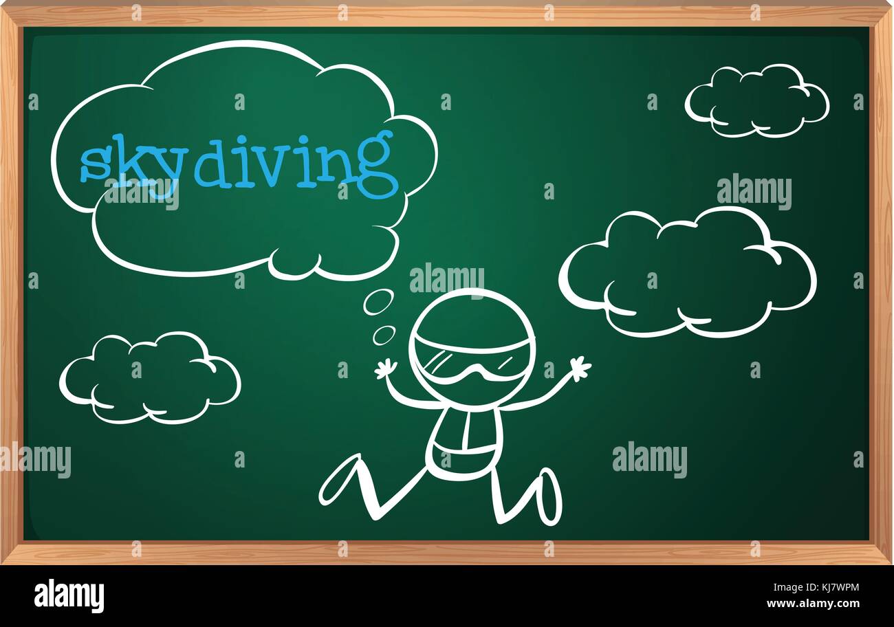 Illustration of a blackboard with a drawing of a boy sky diving on a white backgorund Stock Vector