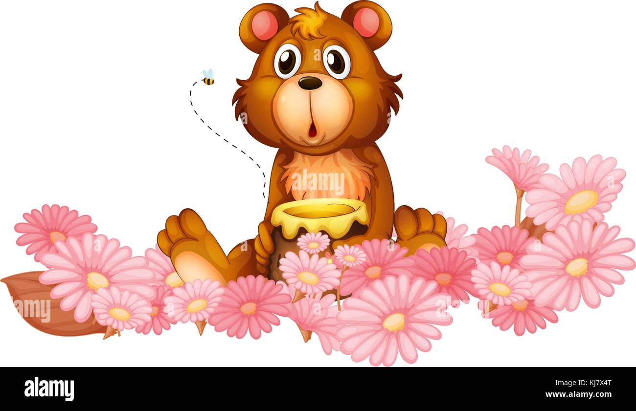 Illustration of a garden of pink flowers with a bear on a white ...