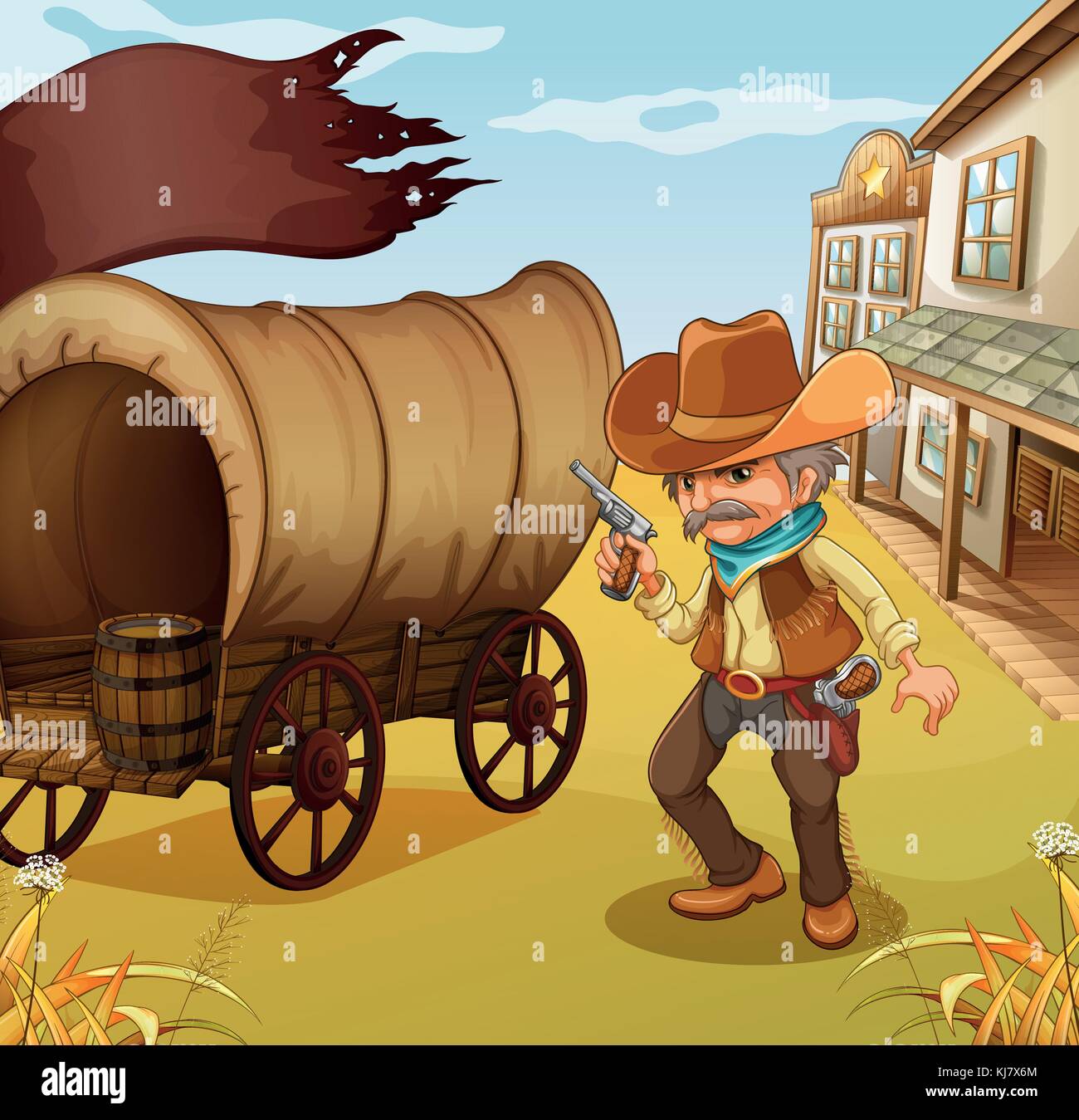 Illustration of a Mexican man holding a gun beside a wagon Stock Vector