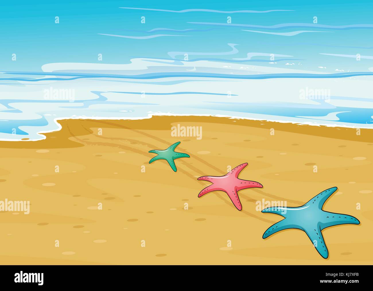 Illustration of the three colorful starfishes in the beach Stock Vector
