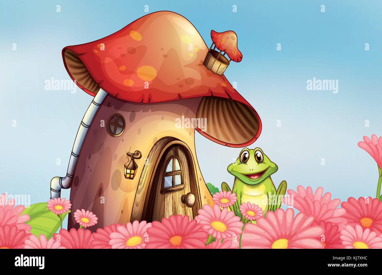 Illustration of a frog near the mushroom house with a garden of flowers