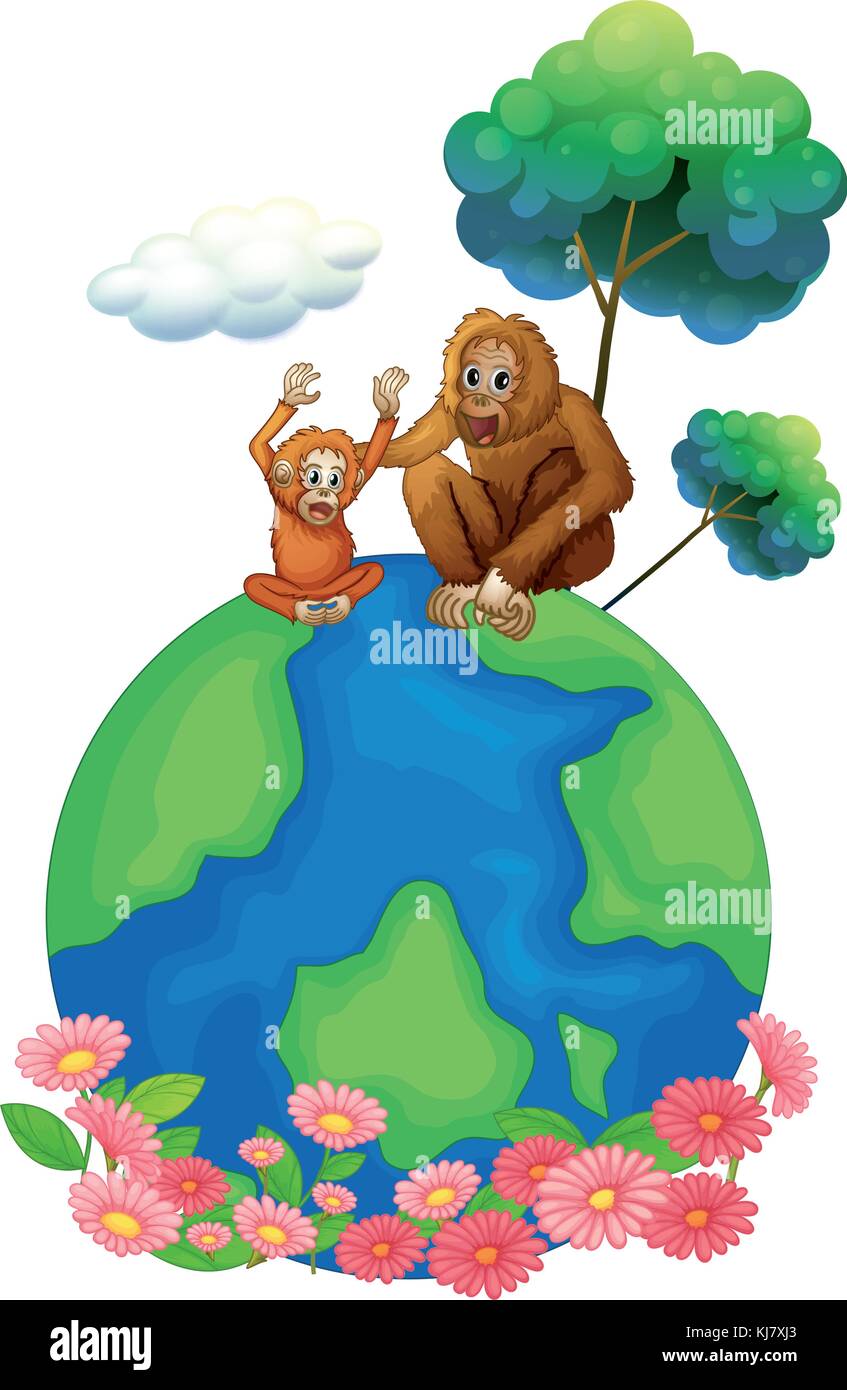 Illustration of a small and a big orangutan sitting above the planet earth on a white background Stock Vector