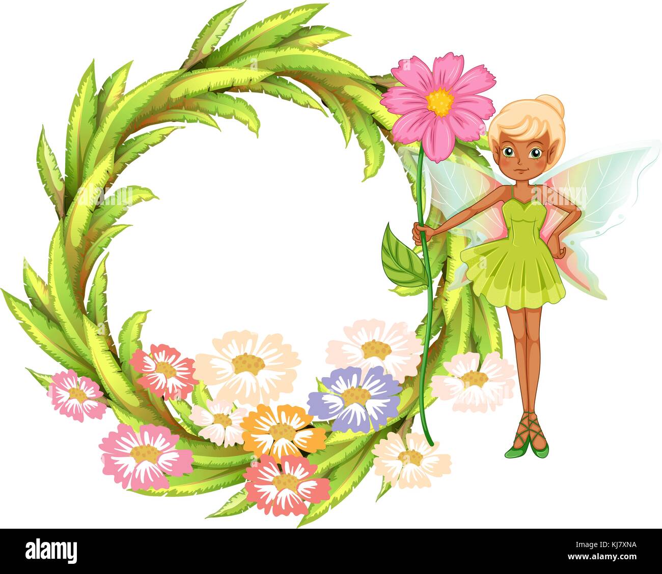 Illustration of a round border with a fairy holding a flower on a white