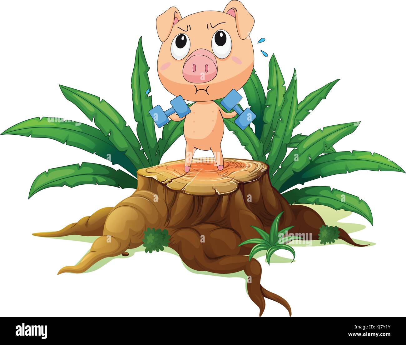 Illustration of a pig exercising above the stump on a white background Stock Vector