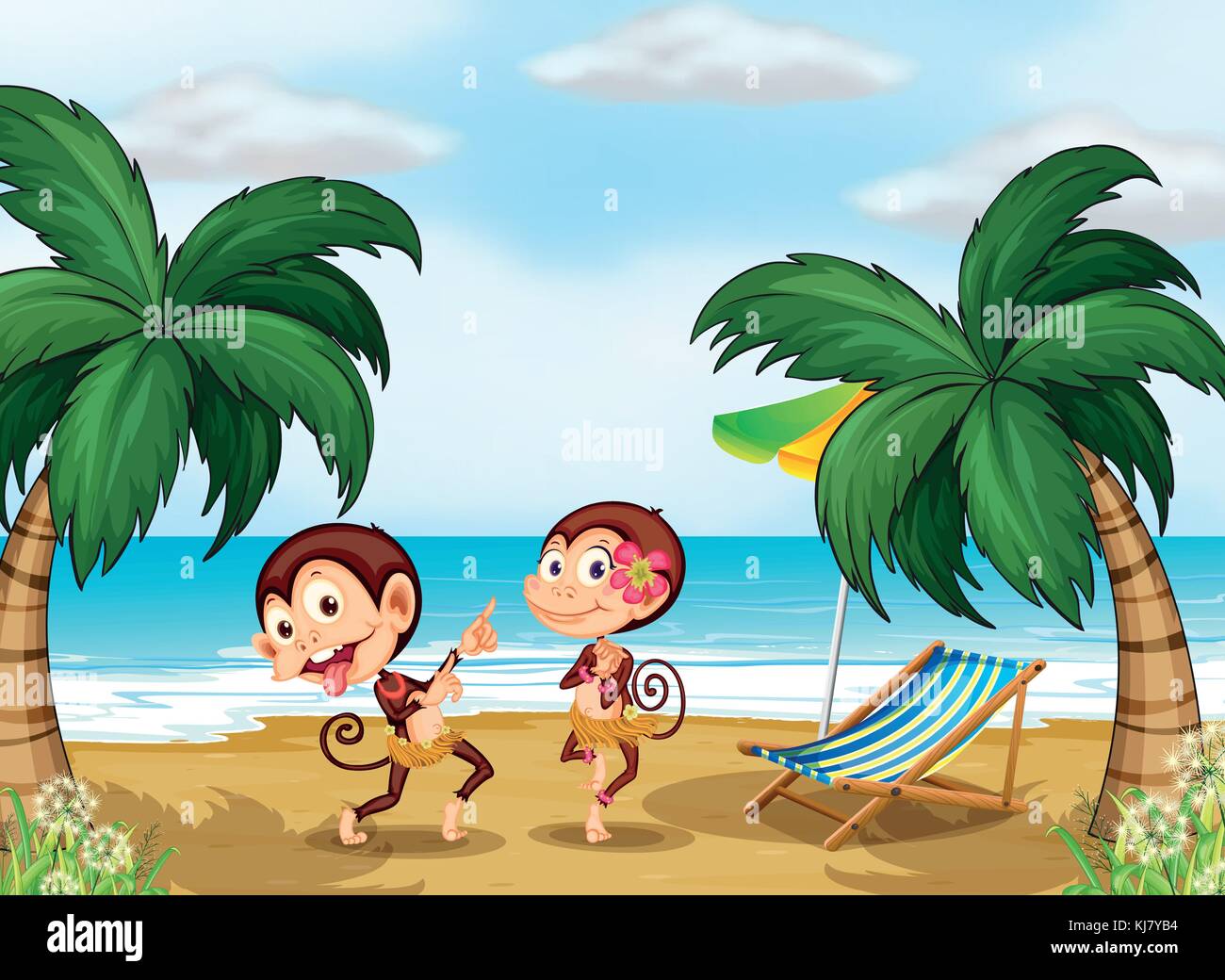 Illustration of the two monkeys wearing a hawaiian attire Stock Vector