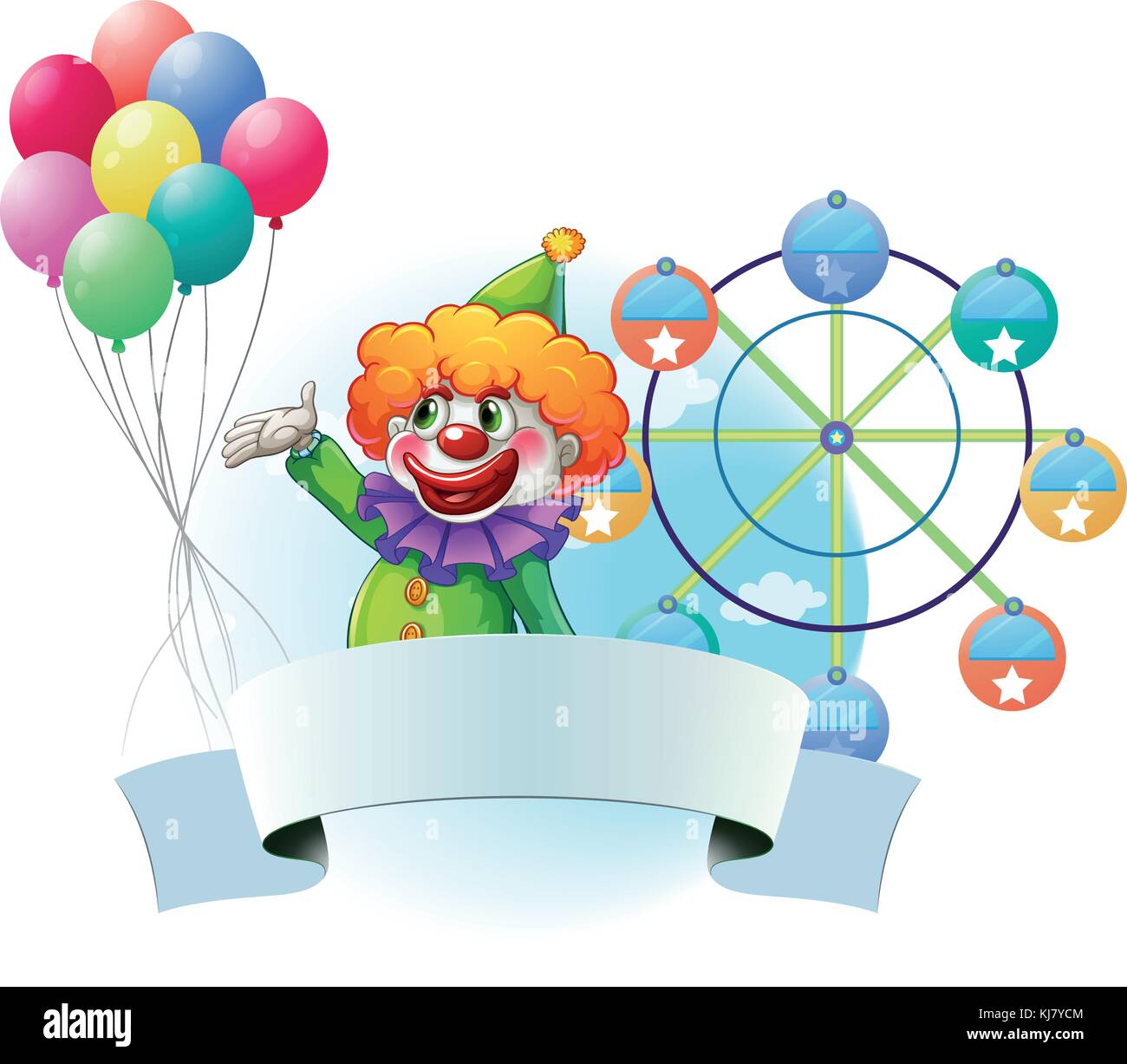 Illustration of a clown with balloons, an empty banner and a ferris ...