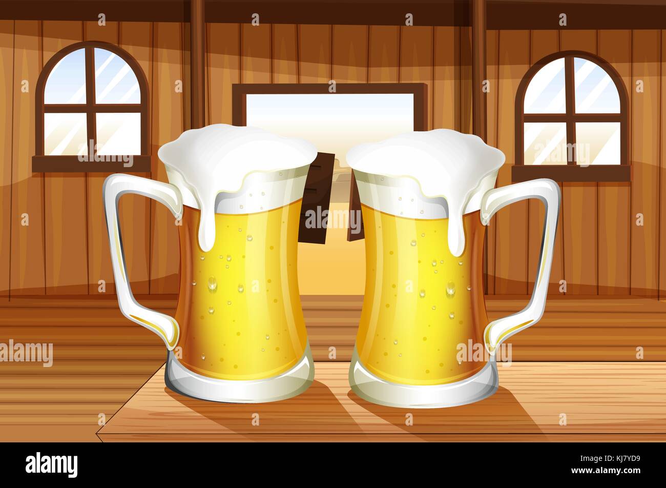 Illustration of a table with two mugs of beer Stock Vector