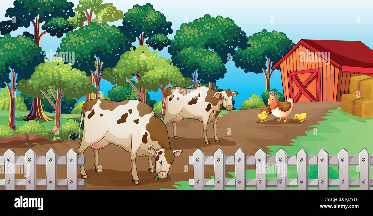 Illustration of a farm with animals inside the fence Stock Vector