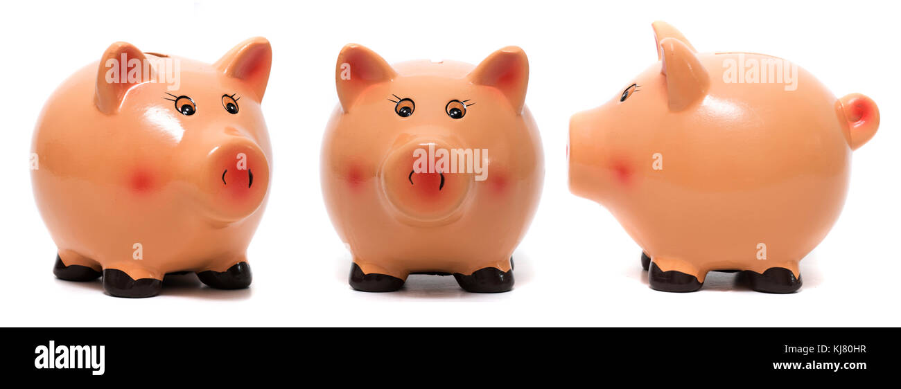Close up view of a cute pink piggy bank isolated on a white background ...