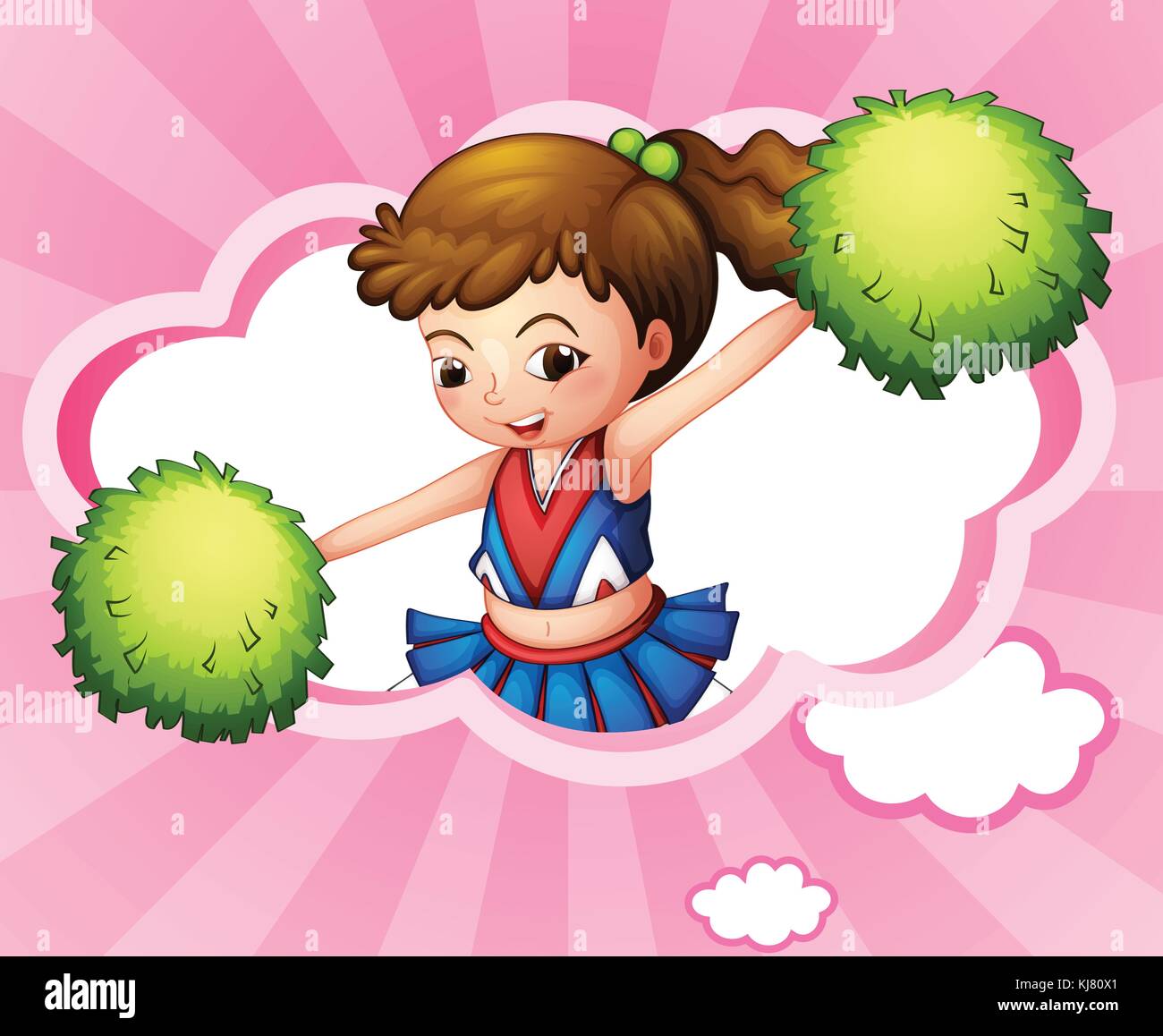 Illustration of a cheerleader with green pompoms inside a cloud Stock