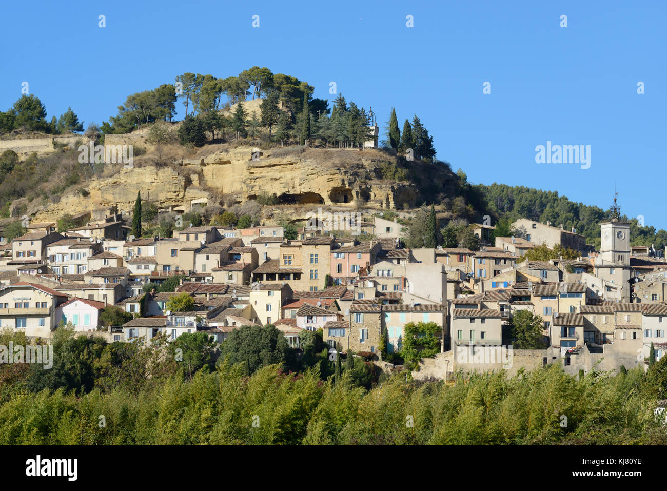 View of the Village of Cadenet and its Ruined Castle Mound in the Luberon Regional Park, Vaucluse, Provence, France Stock Photo