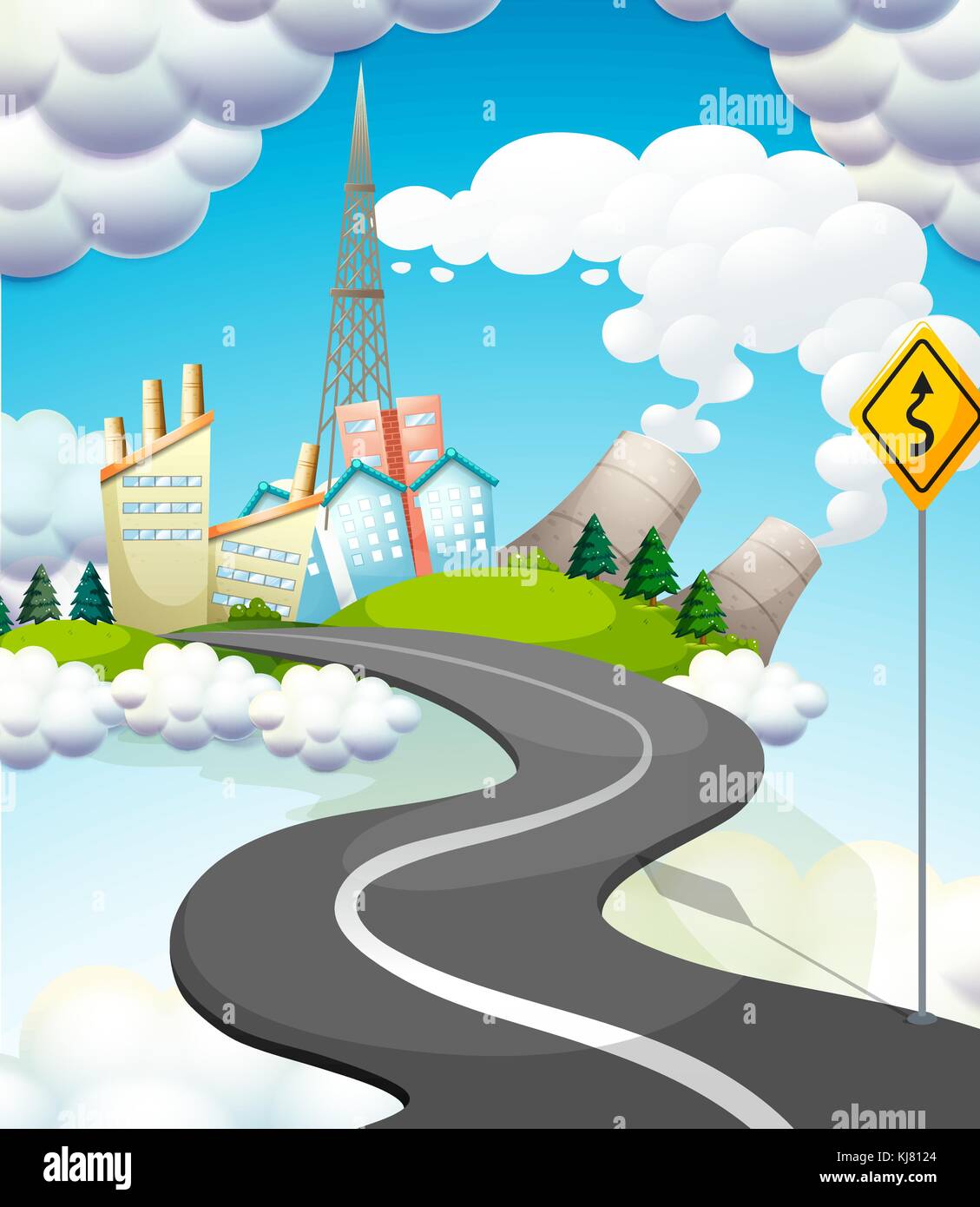 Illustration of a curve road with a yellow signage Stock Vector