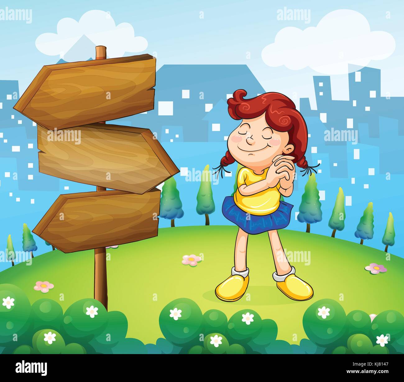 Illustration of a little girl standing beside the wooden arrow boards ...
