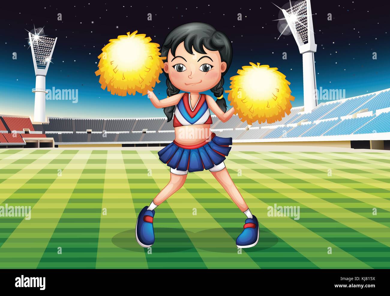 Illustration of a cheerleader dancing in the stadium with her yellow pompoms Stock Vector