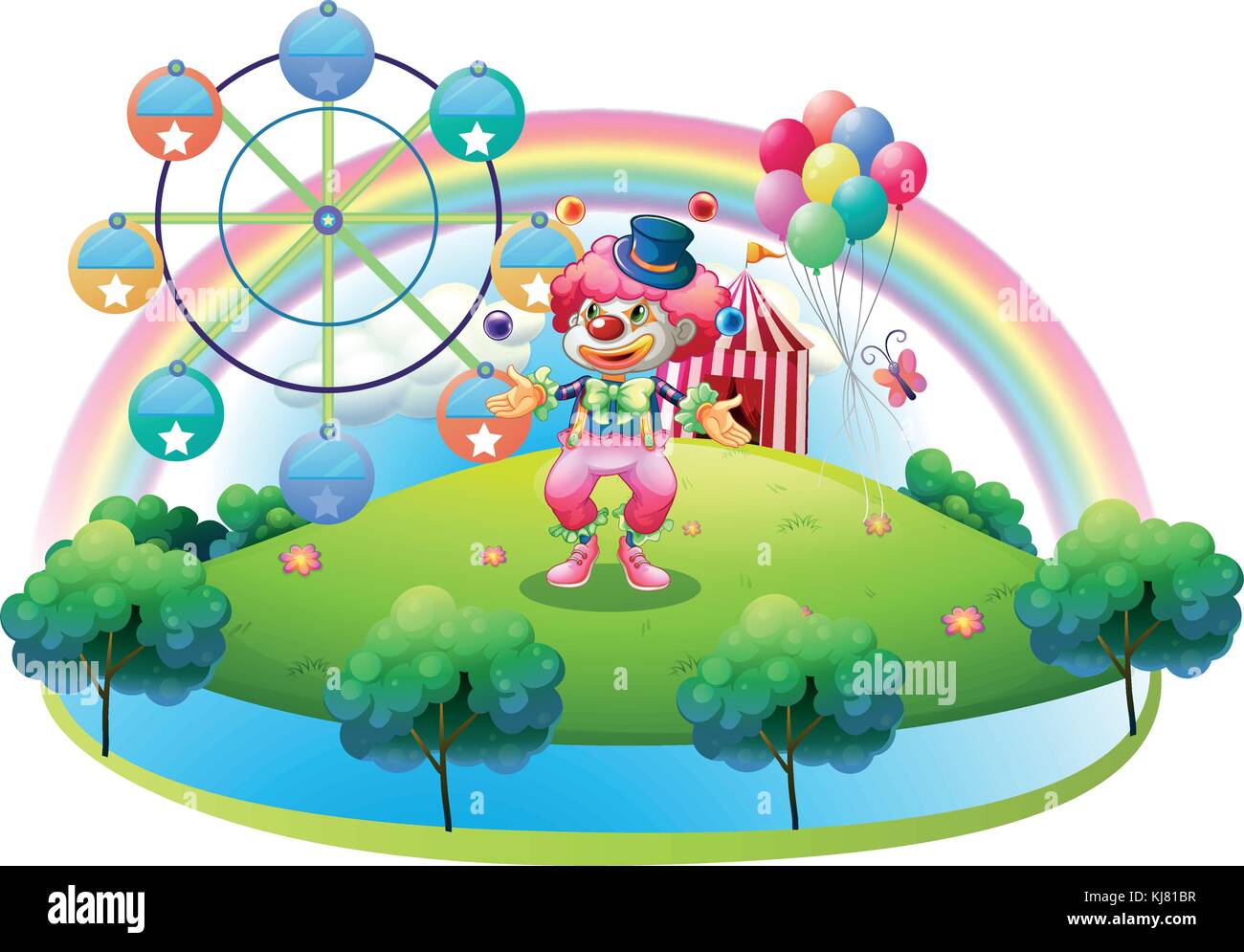 Illustration of a clown juggling in front of the carnival on a white ...
