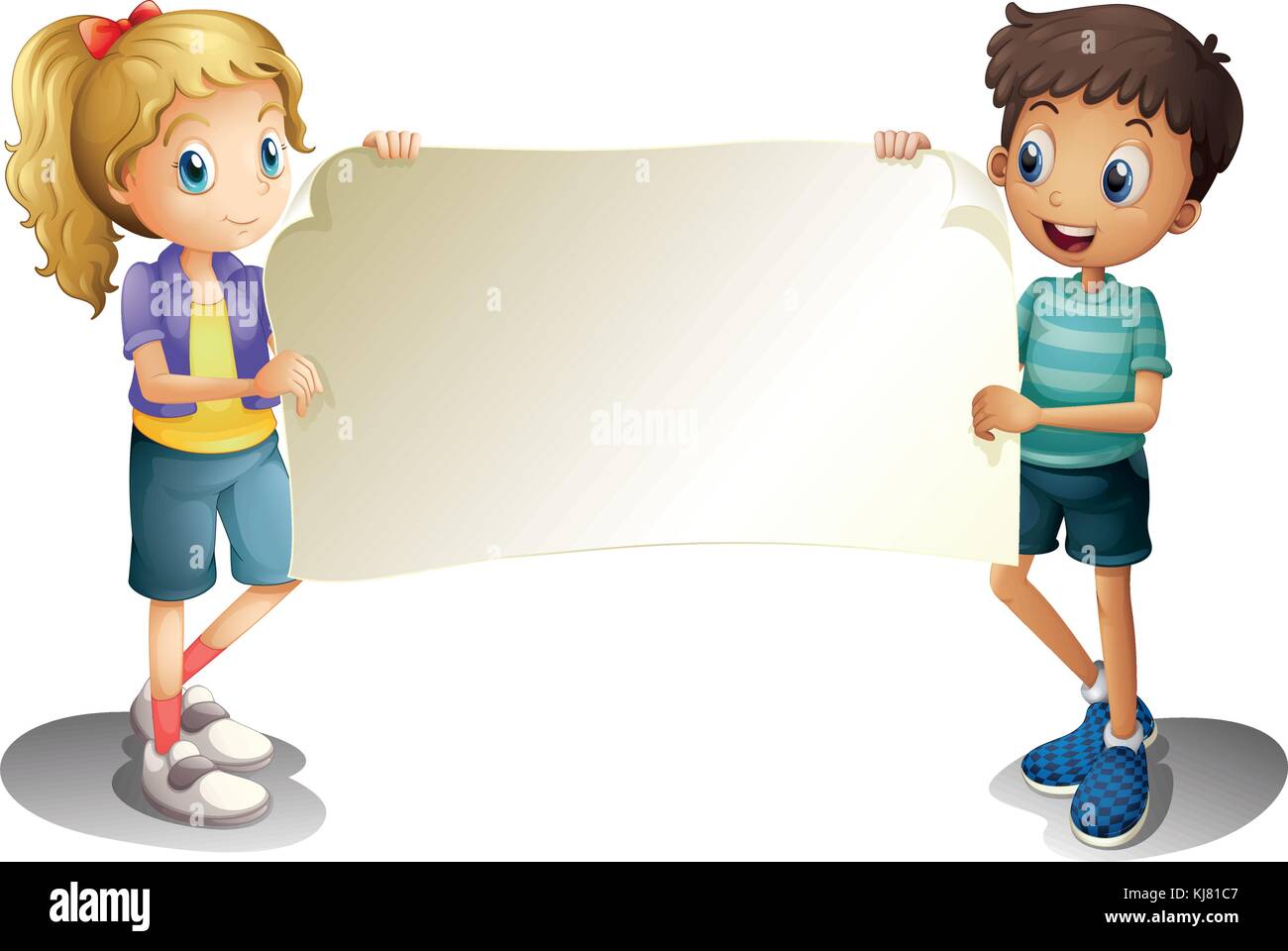 Illustration of a girl and a boy holding an empty banner on a white ...