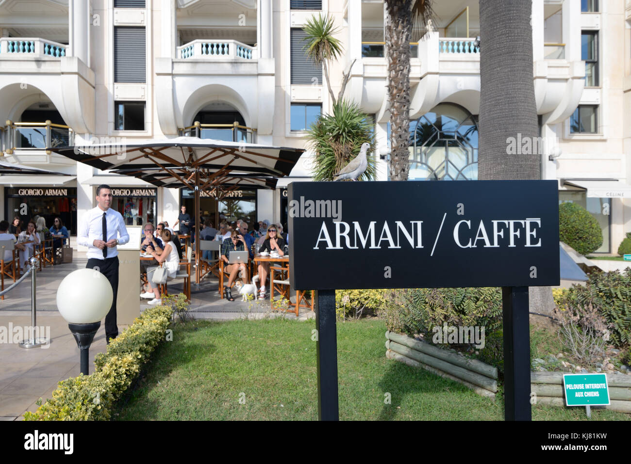 Armani Up-Market Cafe on the Boulevard de la La Croisette, Cannes, Alpes-Maritimes, French Riviera, France Stock Photo