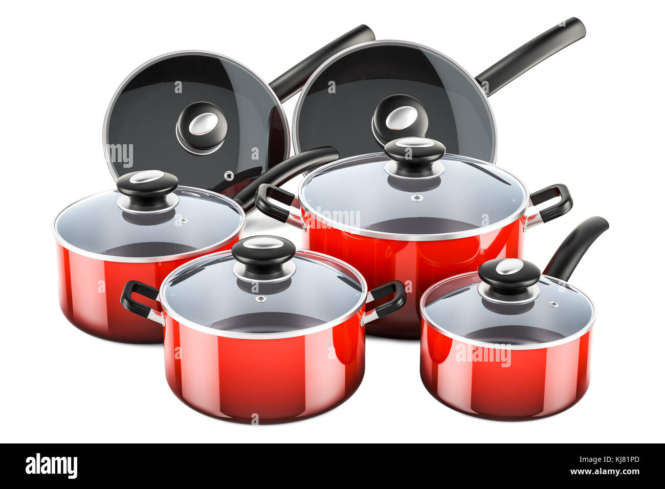 Set of cooking red kitchen utensils and cookware. Pots and pans