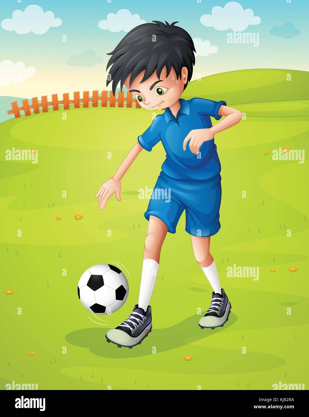 Illustration of a boy with a blue uniform practicing at the hillside Stock Vector