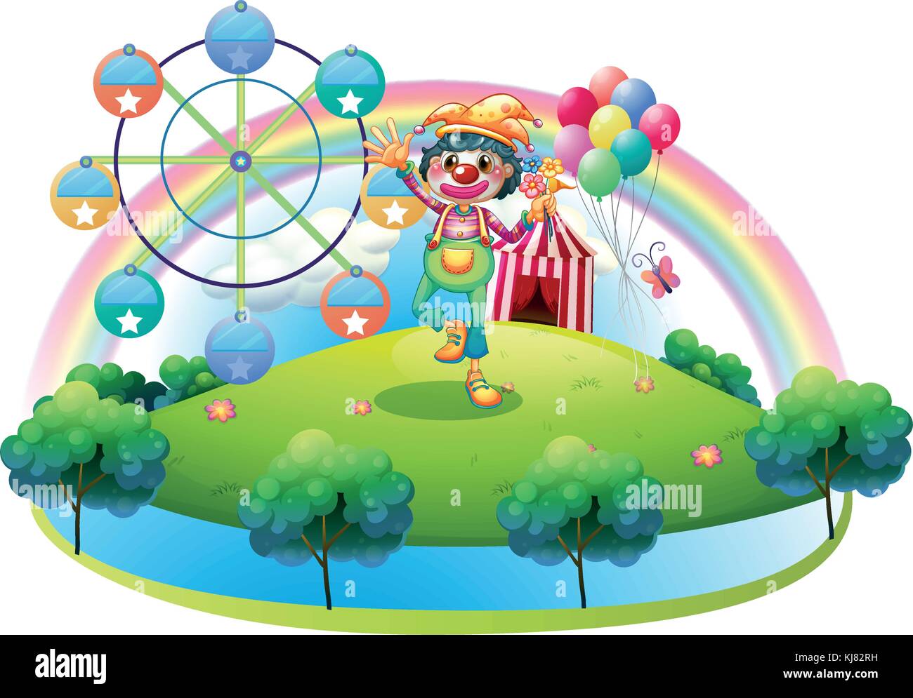 Illustration of a clown with a flower in an island with a carnival on a ...