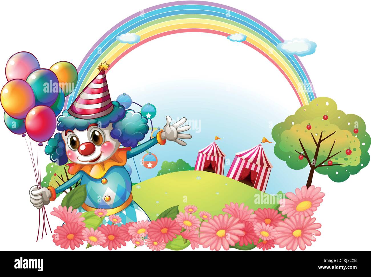 Illustration of a female clown at the hill with a rainbow on a white ...