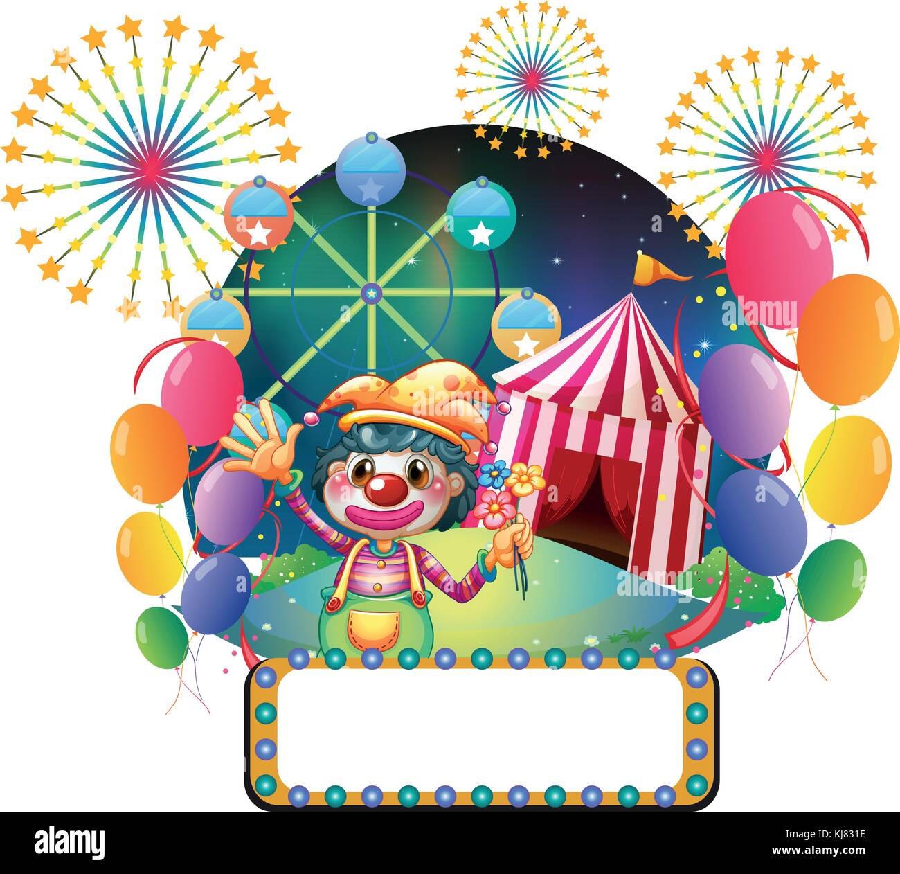 Illustration of a board with series lights in front of the female clown ...