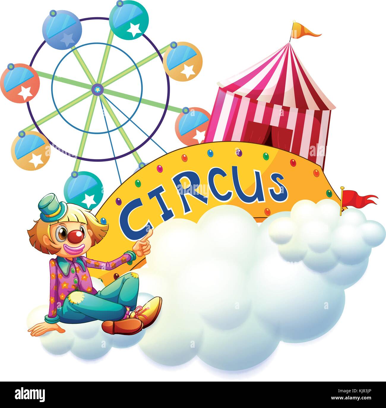 Illustration of a female clown beside the circus signboard on a white ...